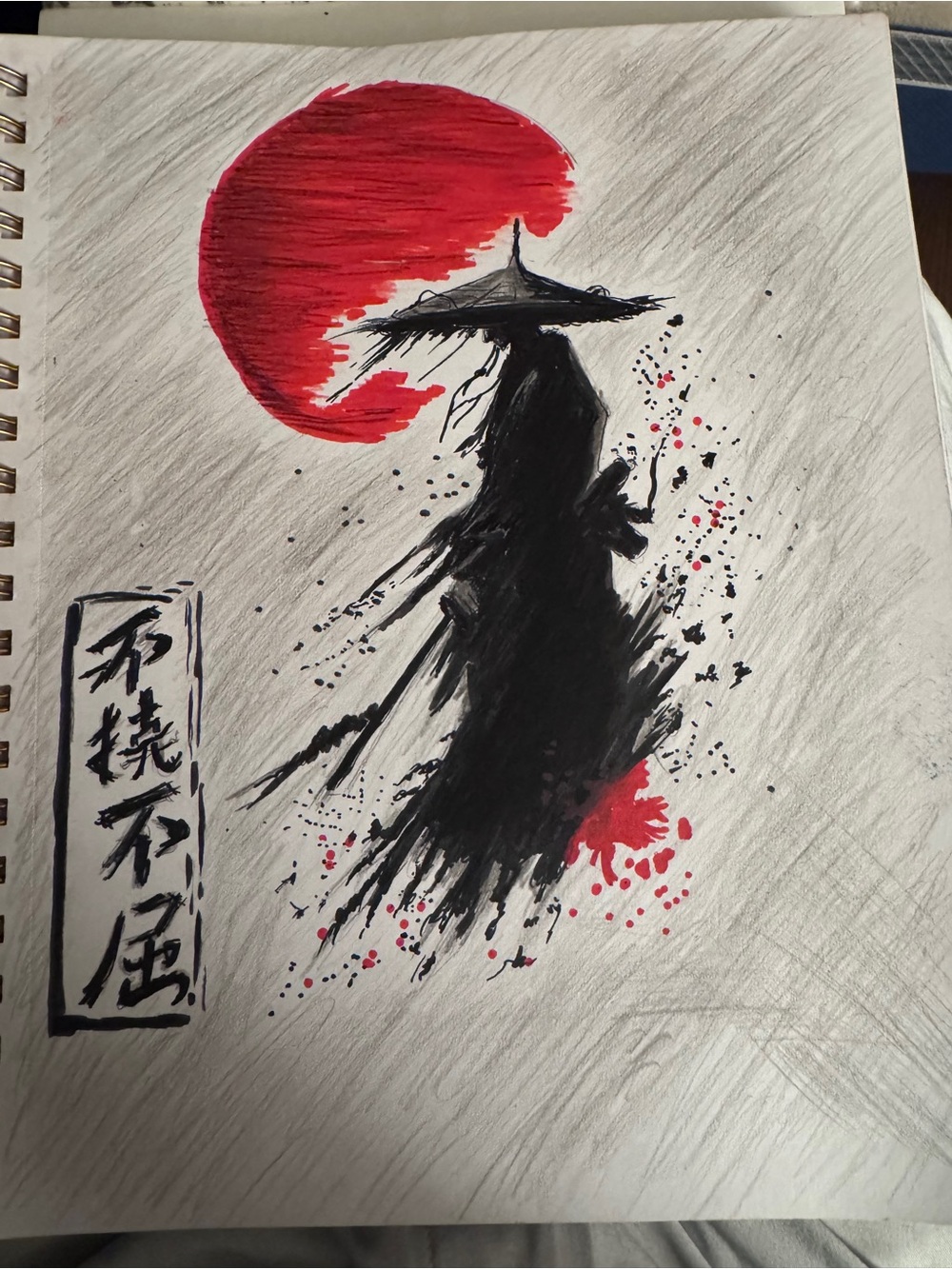 Red and Black Samurai Ink Silhouette handmade artwork